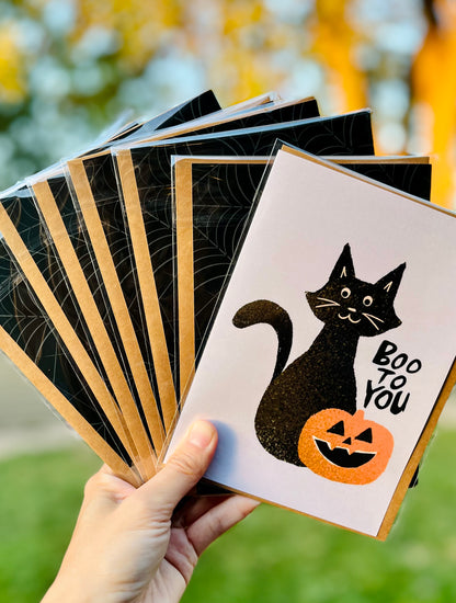 Halloween Black Cat and Pumpkin Greeting Card - Boo To You